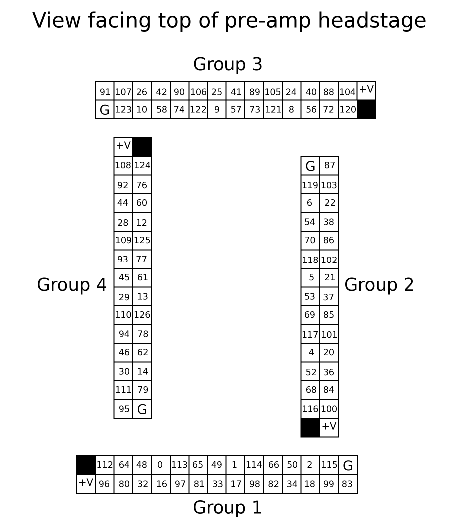 Looking down into the inputs to the preamplifies, the dsp channels for each pin on each Mill-max connector are as follows: